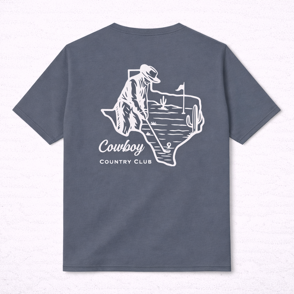 Gray t-shirt with white graphic and text on a light gray background